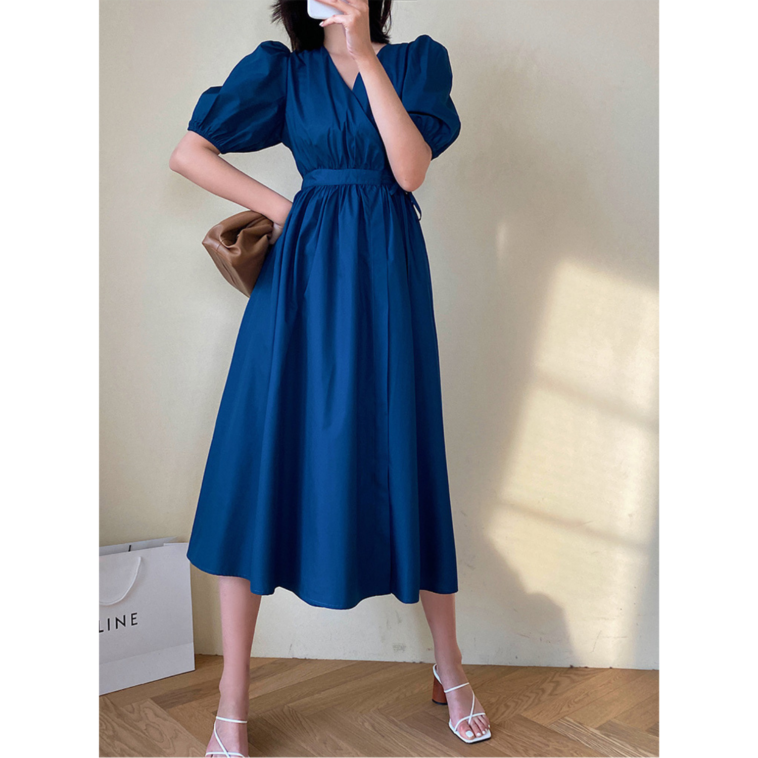 Dark Teal Blue Wrap Midi Dress With Puffed Cap Sleeves