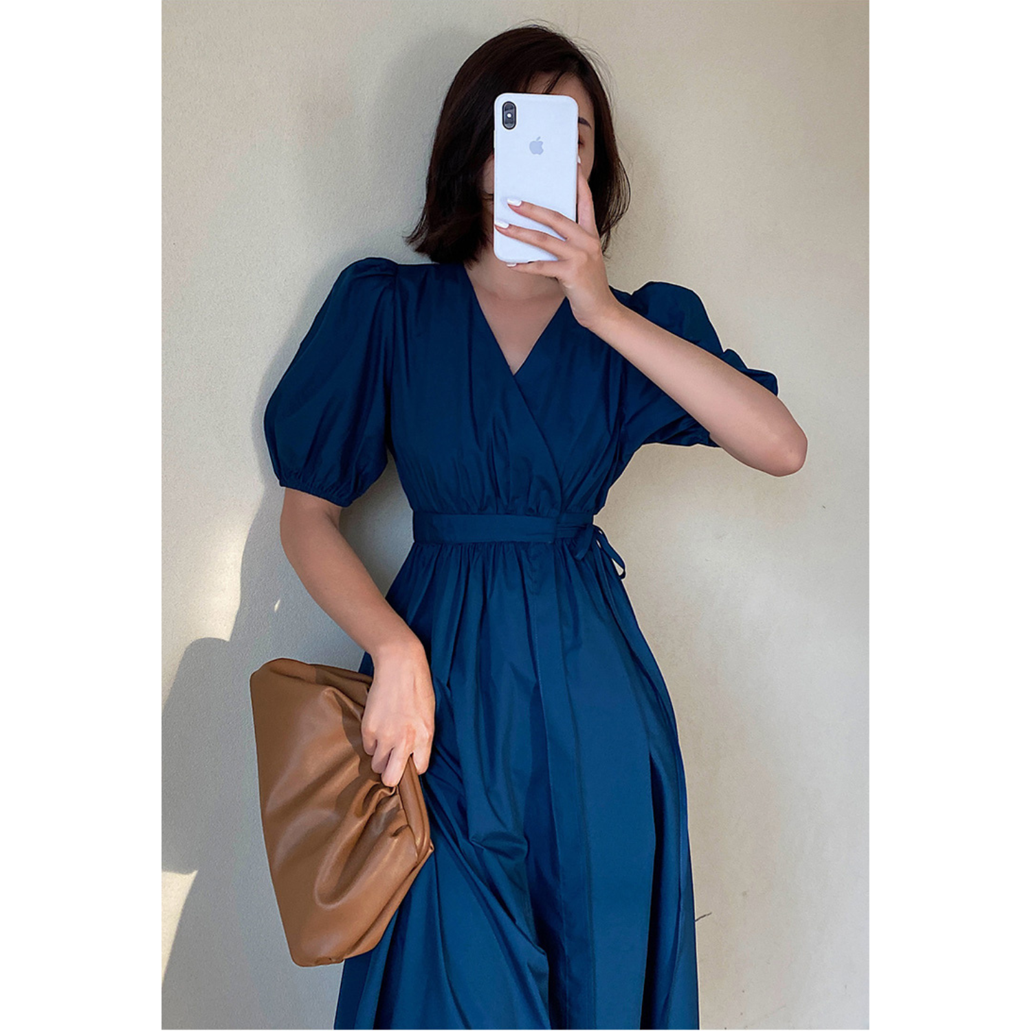 Dark Teal Blue Wrap Midi Dress With Puffed Cap Sleeves