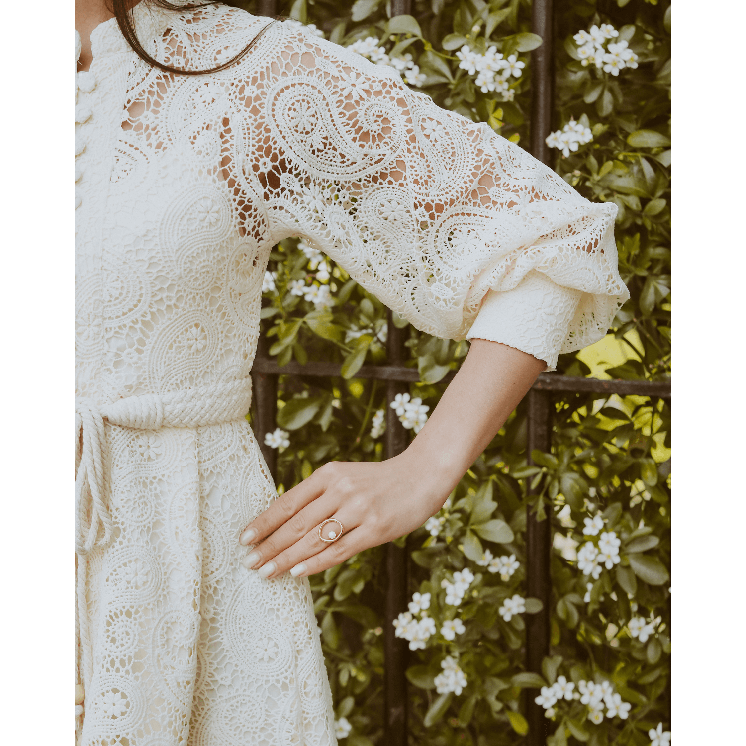 Crochet Cream Midi With Long Ruched Sleeves and Belt