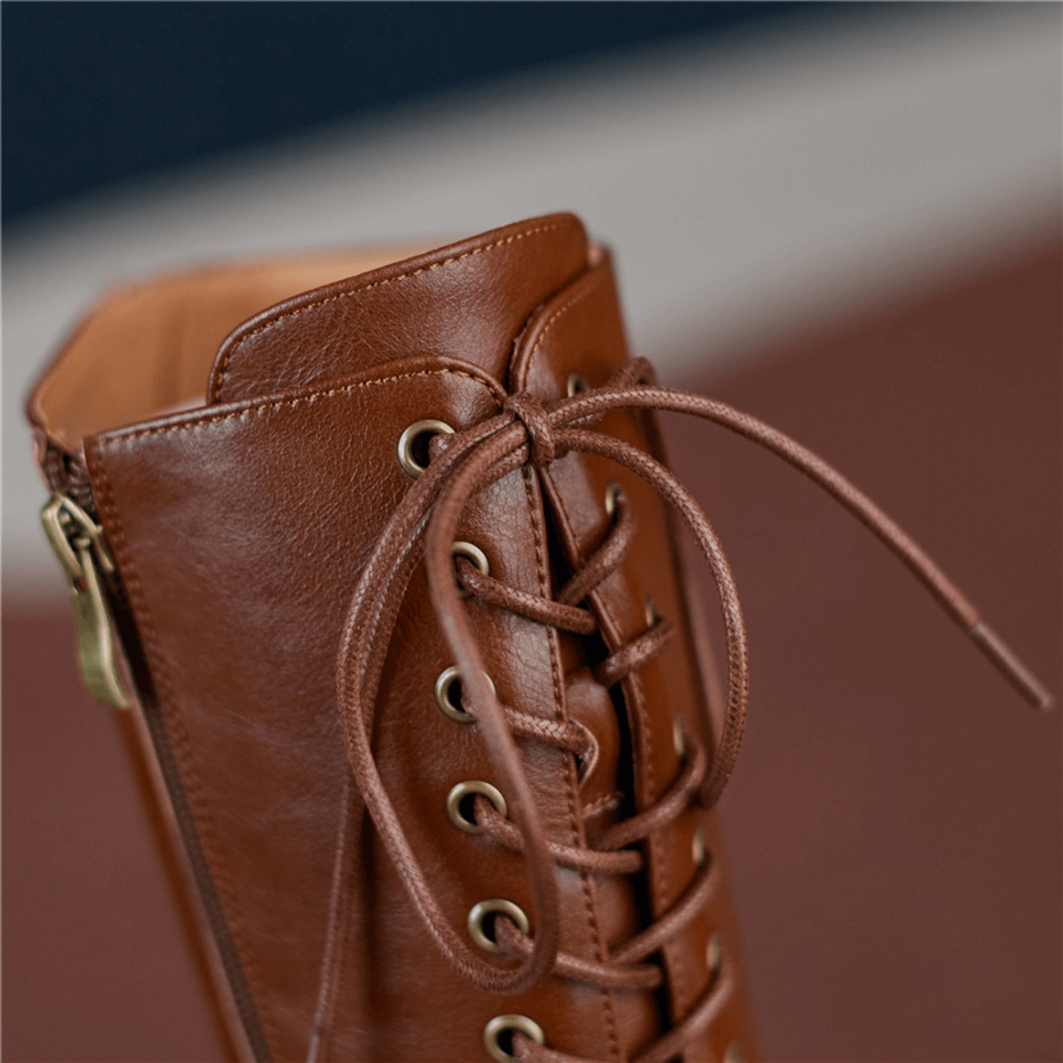 zalinah white KNEE HIGH LACE UP FLAT BOOTS  - BROWN LEATHER