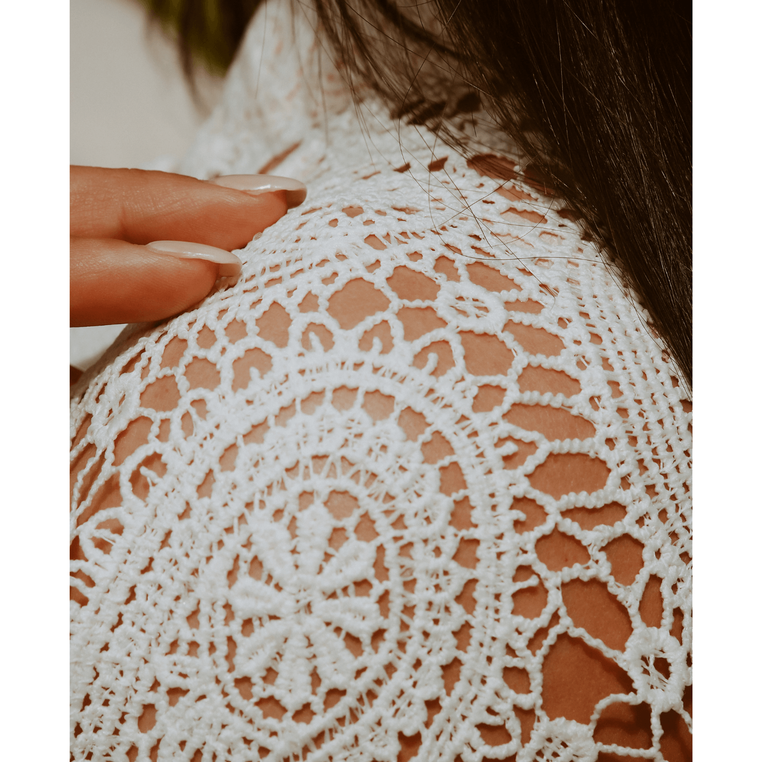 Crochet Cream Midi With Long Ruched Sleeves and Belt
