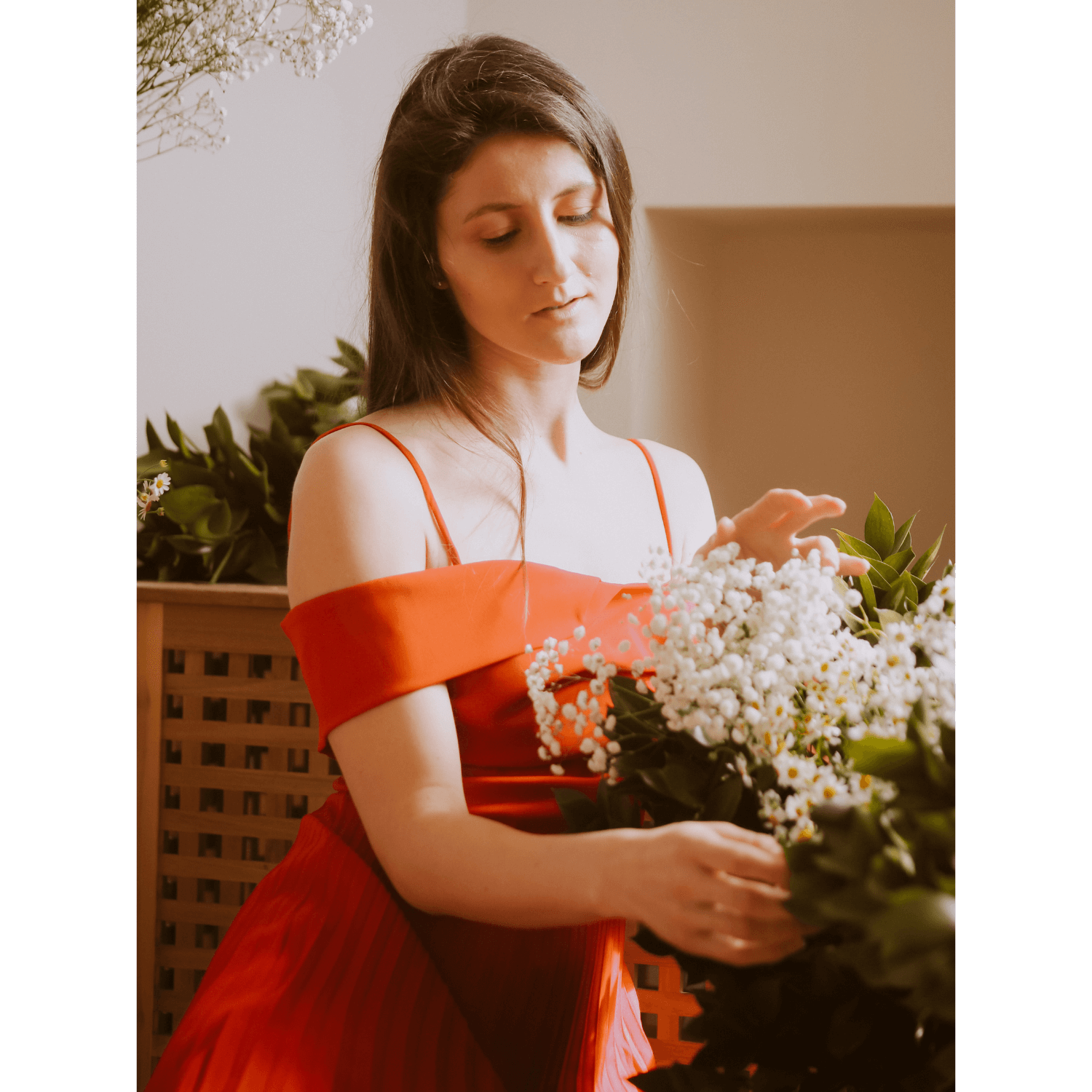 Red Cami Pleated Midi Dress