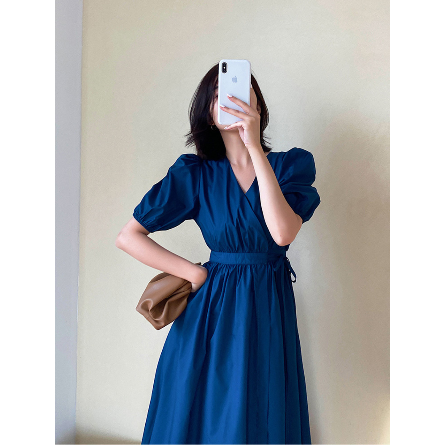 Dark Teal Blue Wrap Midi Dress With Puffed Cap Sleeves