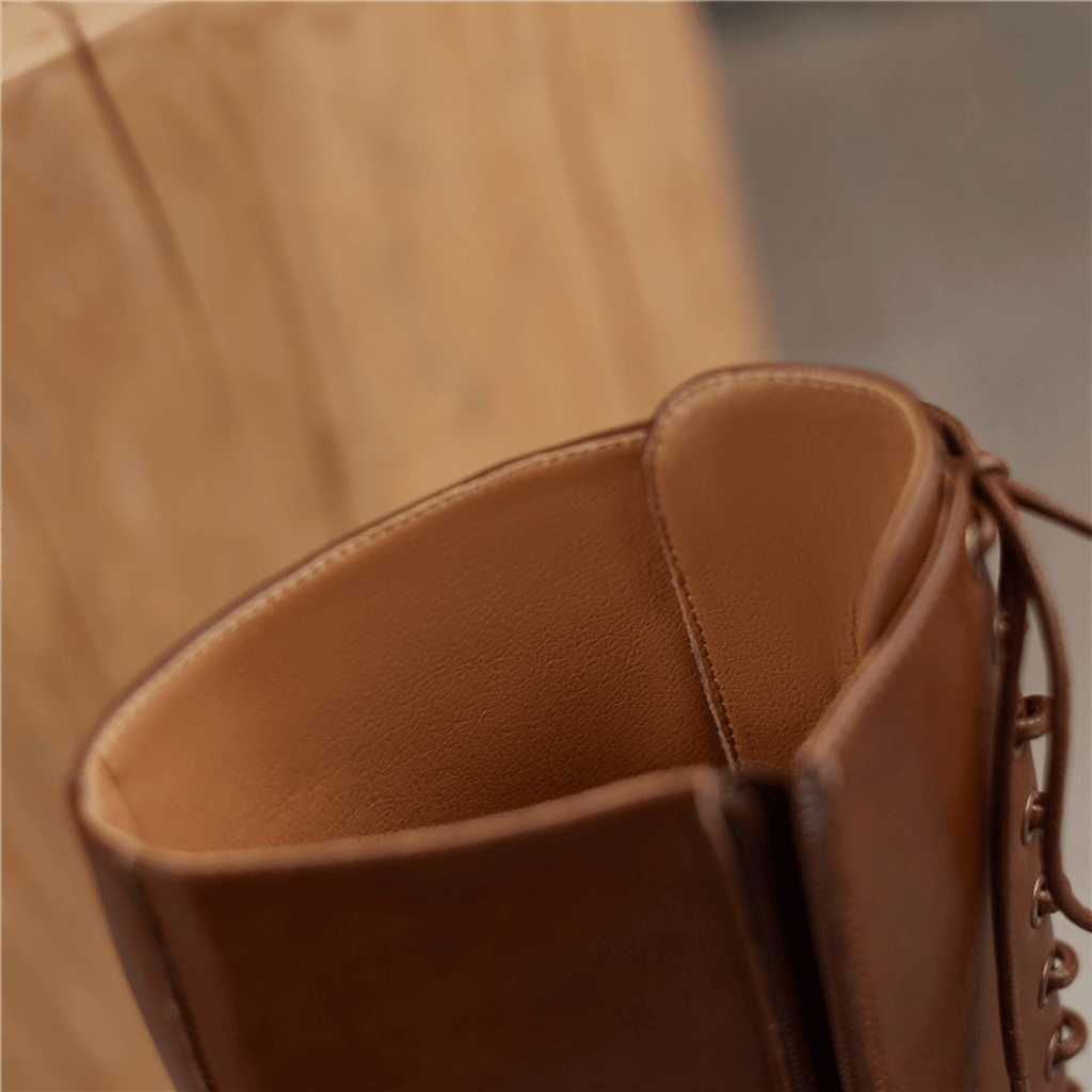 zalinah white KNEE HIGH LACE UP FLAT BOOTS  - BROWN LEATHER