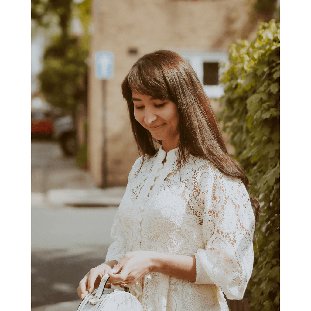 Crochet Cream Midi With Long Ruched Sleeves and Belt