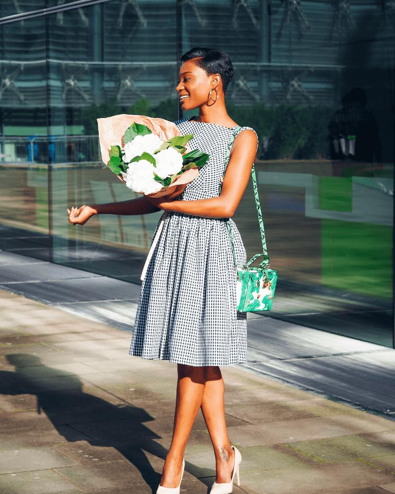 Black and White Gingham Check Dress with Low Back And Side Pockets