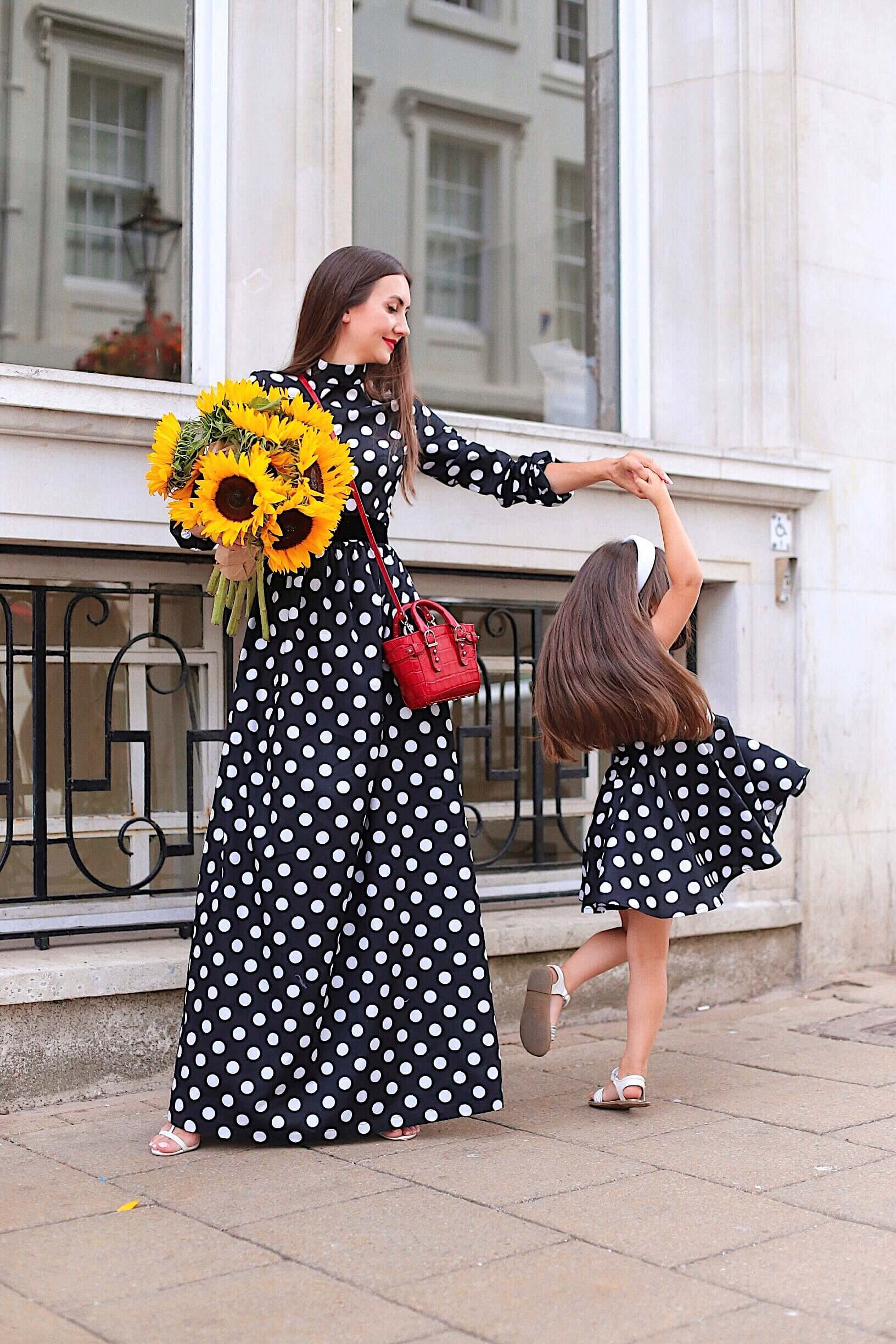 Black and White Polka Dot Maxi with Long Sleeves - Monique Cotton Dress