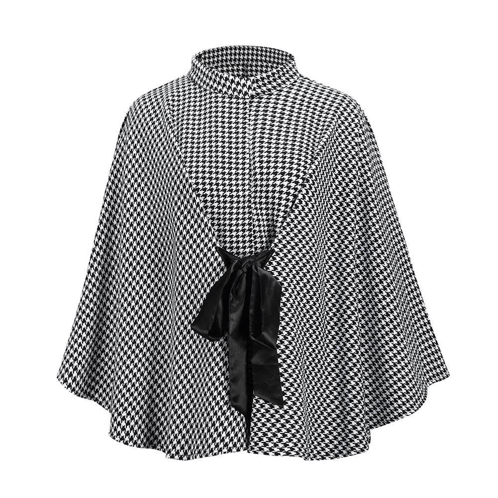 Black and White Dogtooth Cape Coat with Bow - Jeune