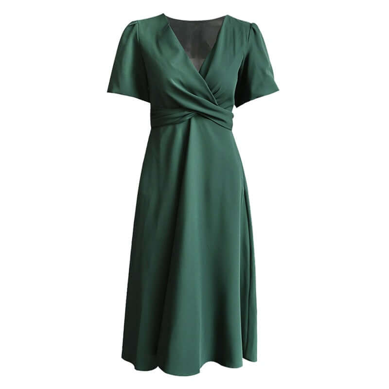 Dark Green Wrap Midi With Puff Sleeves and Side Pockets 