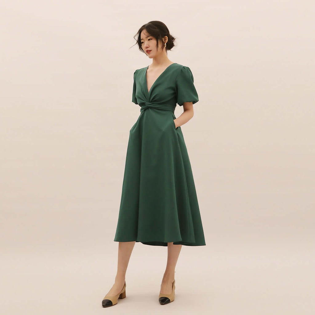 Dark Green Wrap Midi With Puff Sleeves and Side Pockets 