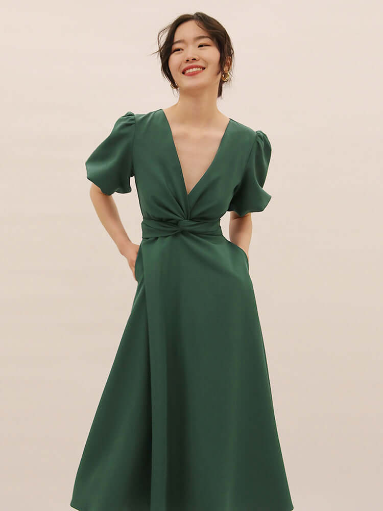 Dark Green Wrap Midi With Puff Sleeves and Side Pockets 