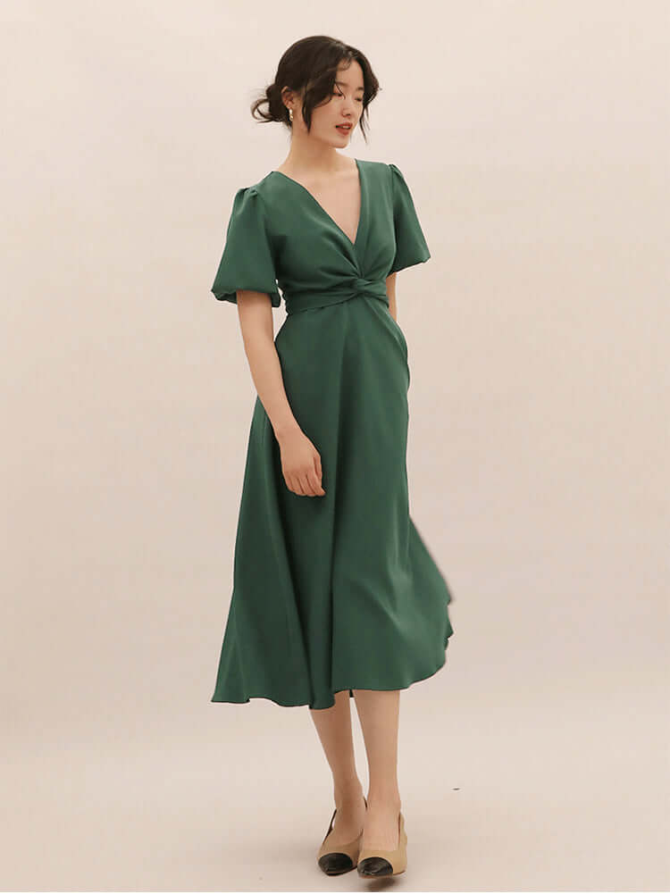 Dark Green Wrap Midi With Puff Sleeves and Side Pockets 