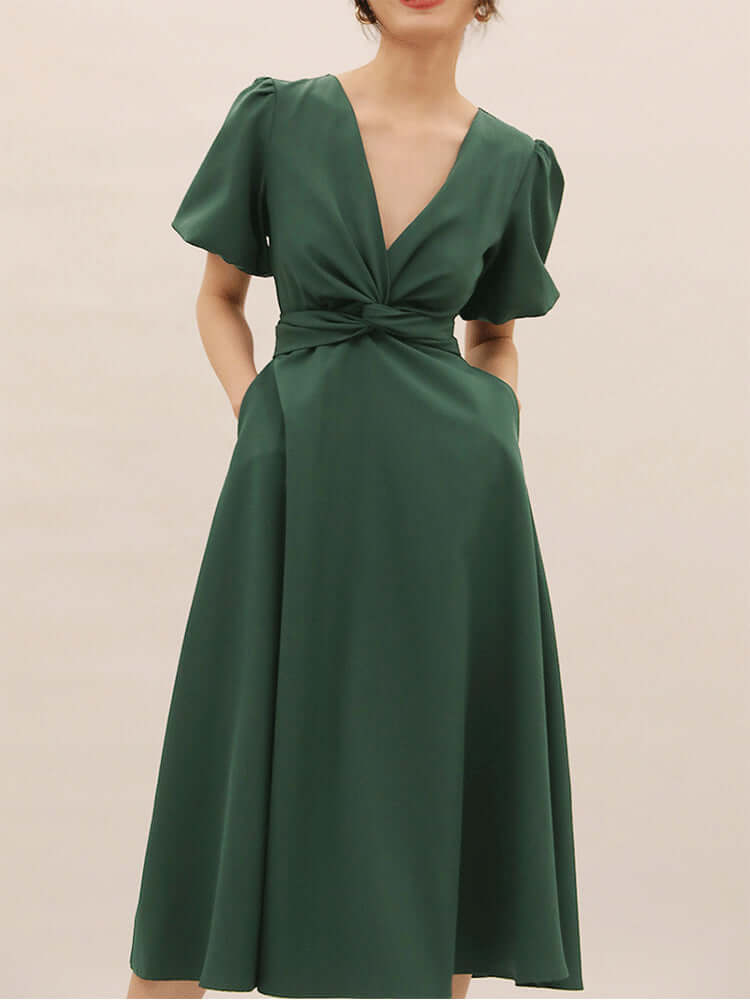 Dark Green Wrap Midi With Puff Sleeves and Side Pockets 