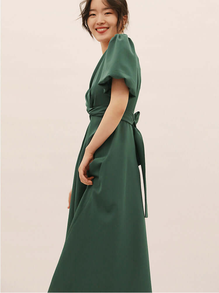 Dark Green Wrap Midi With Puff Sleeves and Side Pockets 