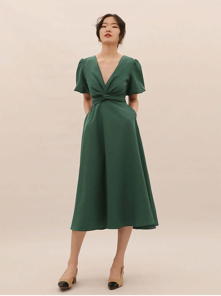 Dark Green Wrap Midi With Puff Sleeves and Side Pockets 