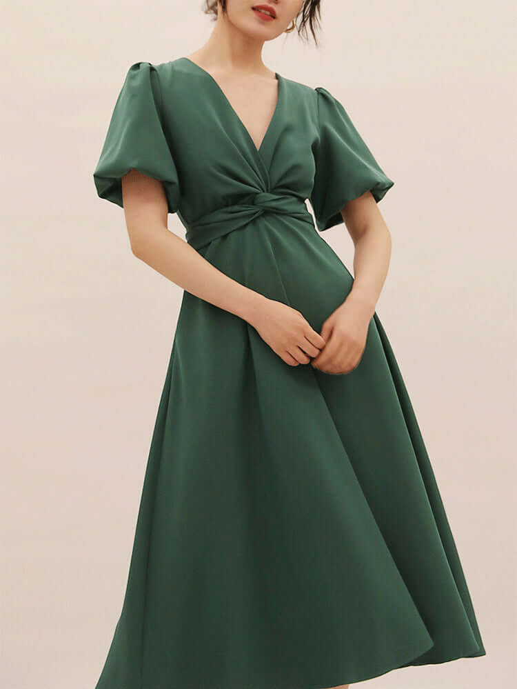 Dark Green Wrap Midi With Puff Sleeves and Side Pockets 