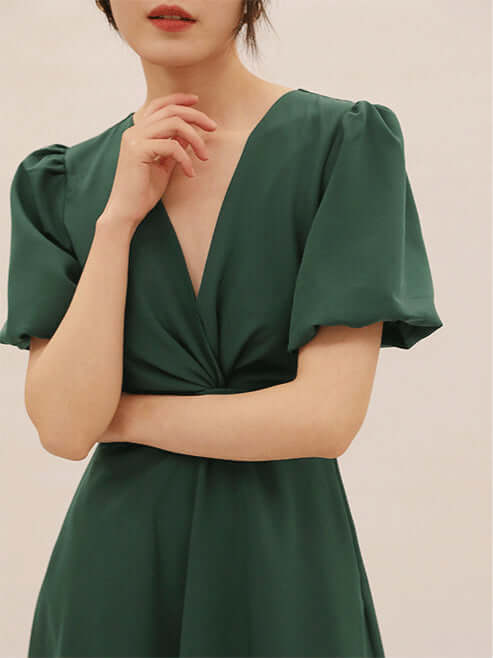 Dark Green Wrap Midi With Puff Sleeves and Side Pockets 