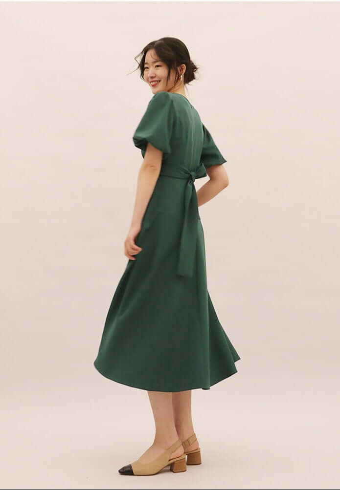 Dark Green Wrap Midi With Puff Sleeves and Side Pockets 
