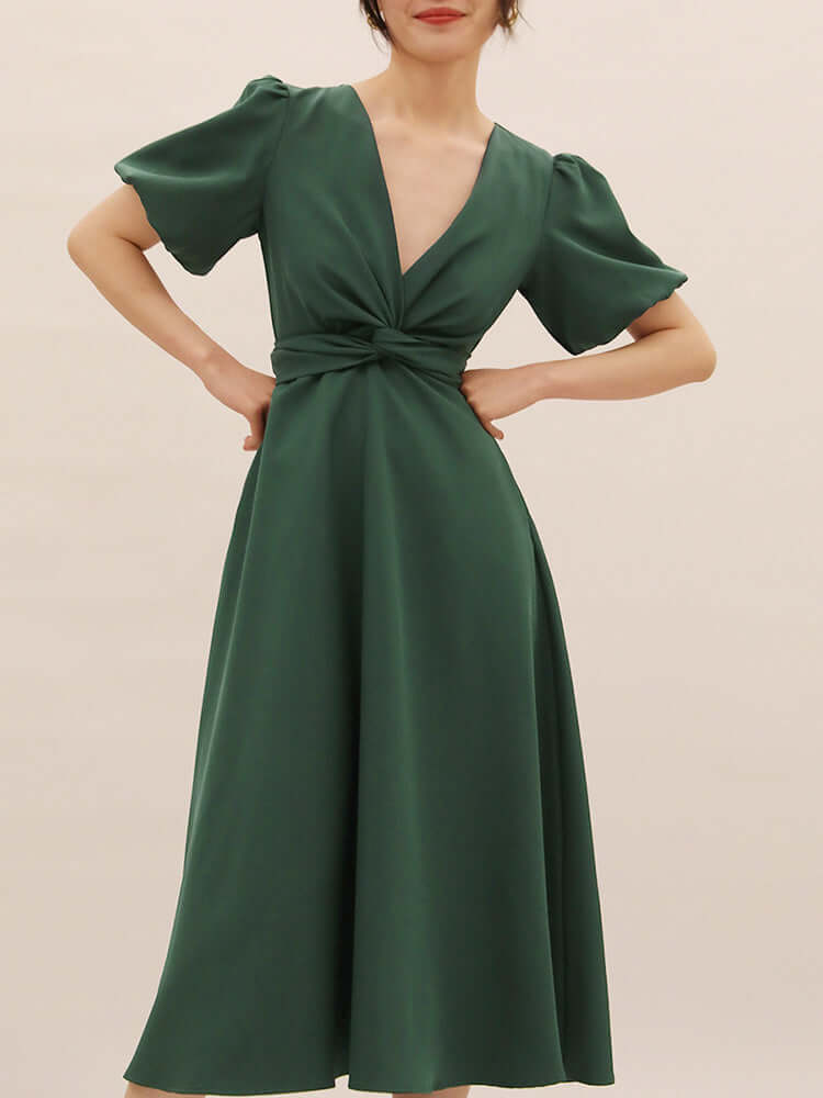Dark Green Wrap Midi With Puff Sleeves and Side Pockets 
