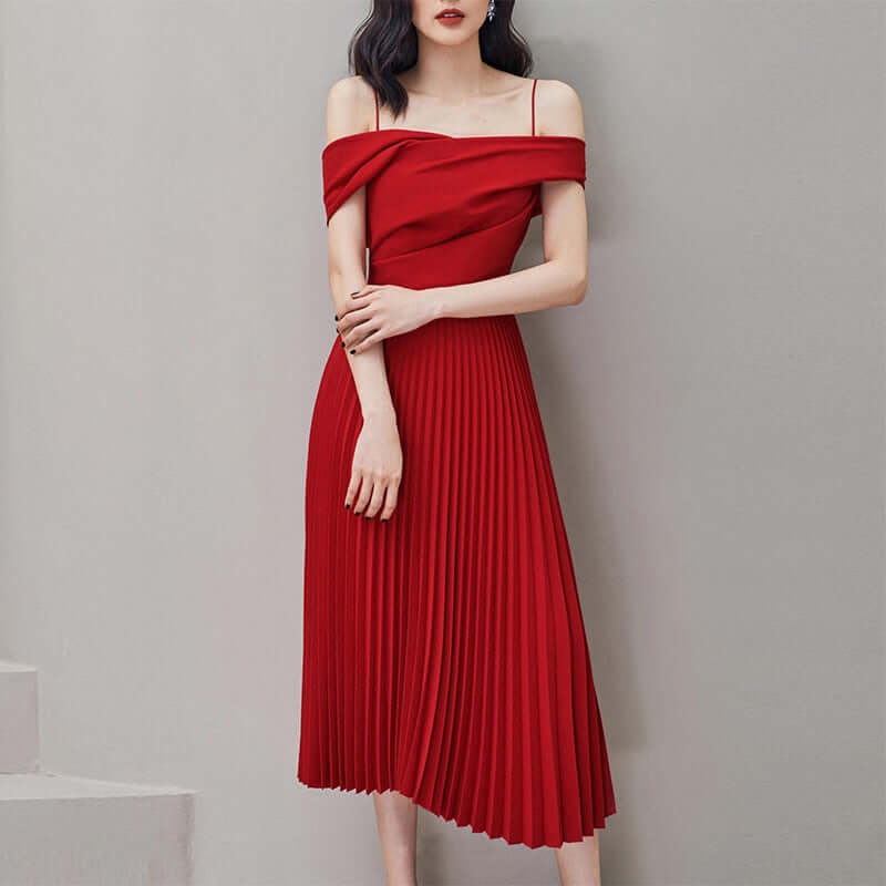 Red Cami Pleated Midi Dress