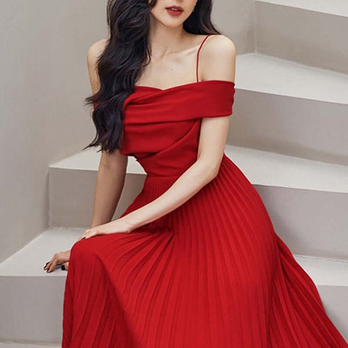 Red Cami Pleated Midi Dress